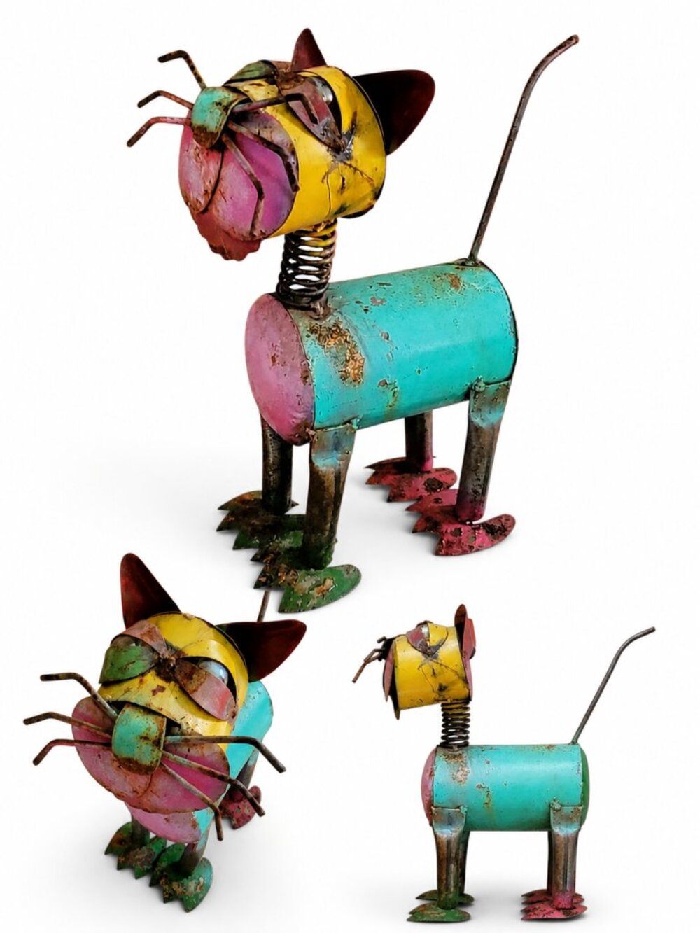 Vintage Scrap Metal Cat Sculpture Folk Art Colorful Handmade Upcycled Whimsical